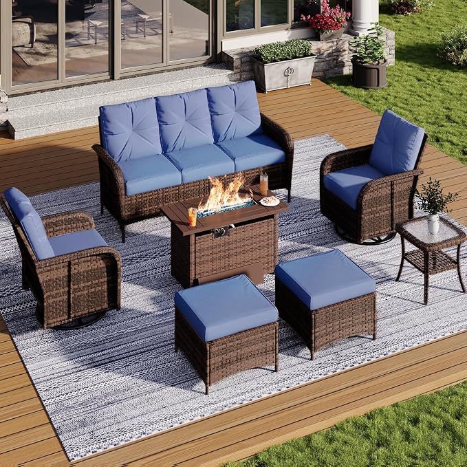 Aoxun 7-Piece Patio Furniture Set with 44” Fire Pit Table, Wicker Rattan Outdoor Sectional Sofa with High Back Swivel Rocker Chairs, Outdoor Patio Furniture Set with Thick Cushions & Ottoman, Blue