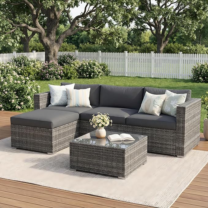 Outdoor Patio Furniture Set, Rattan Outdoor Sectional Furniture, Patio Conversation Sets for Balcony, Porch, Backyard, Deck, Garden, Dark Grey