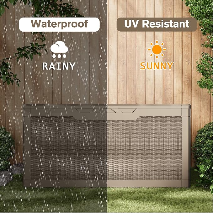 JUMMICO 100 Gallon Resin Deck Box, Waterproof Outdoor Storage Box with Lockable Lid for Garden Tools, Patio Cushions (Light Brown)