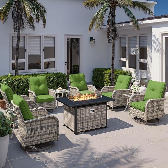 10Pcs Patio Rocking Swivel Chair with 55,000 BTU Fire Pit Table Outdoor Wicker Rattan Bistro Set with Tempered Glass Side Table, Patio Furniture Set for Garden and Balcony, Avocado Green