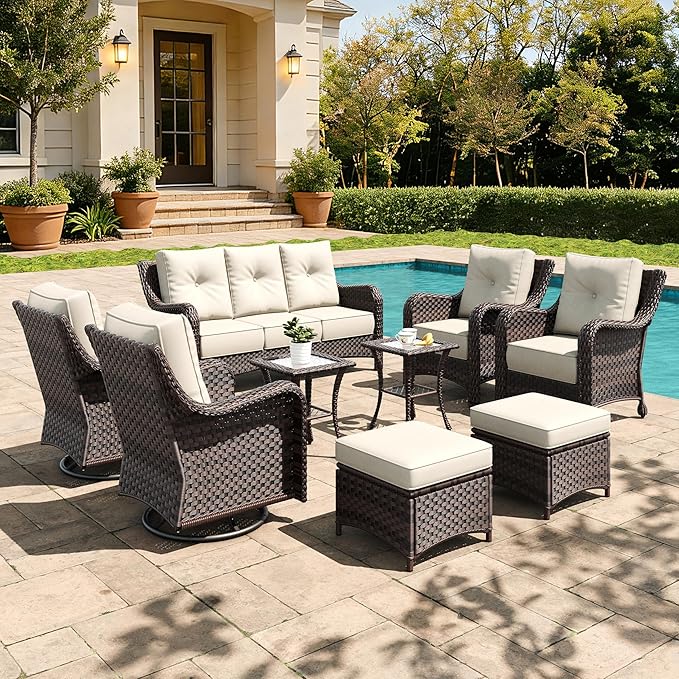 9 Pieces Outdoor Furniture Set with 6-inch Cushions, High Back Wicker Swivel Rocker Chairs with Coffee Table, Luxury Conversation Set for Deck Patio and Poolside