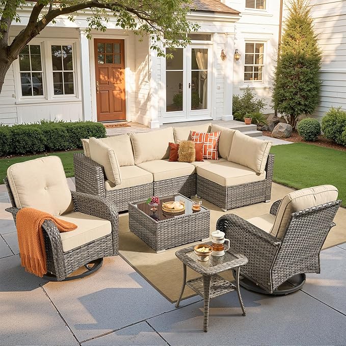 Wicker Patio Furniture Set, 8 Pieces Outdoor Sectional Sets with 6 Seats, Rattan Conversation Set with Swivel Chairs for Garden and Backyard, l Shape Couch Set