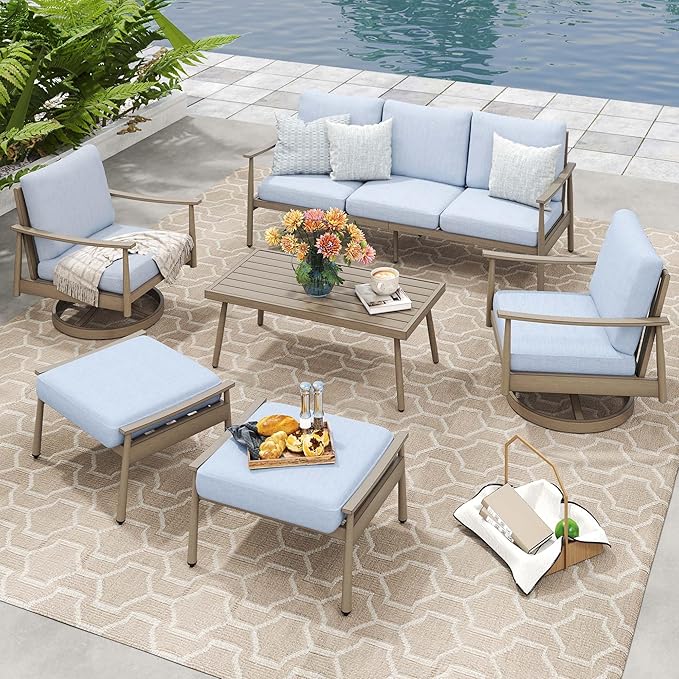HAPPATIO Patio Outdoor Furniture Set - 6 Pieces Aluminum Outdoor Conversation Set with 1 Three-Seater Sofa, 1 Coffee Table, 2 Swivel Chairs, and 2 Ottomans for Yard, Porch, and Deck (Grey)