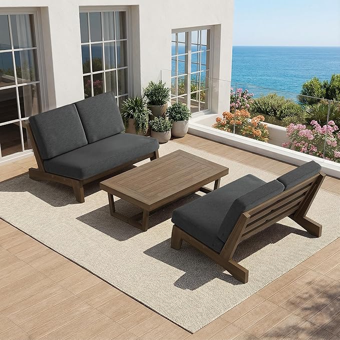 UIXE 2 Pieces All Weather Wood Patio Furniture Sets, Patio Loveseat Outdoor Sofa with Solid Wooden Coffee Table - Dark Gray