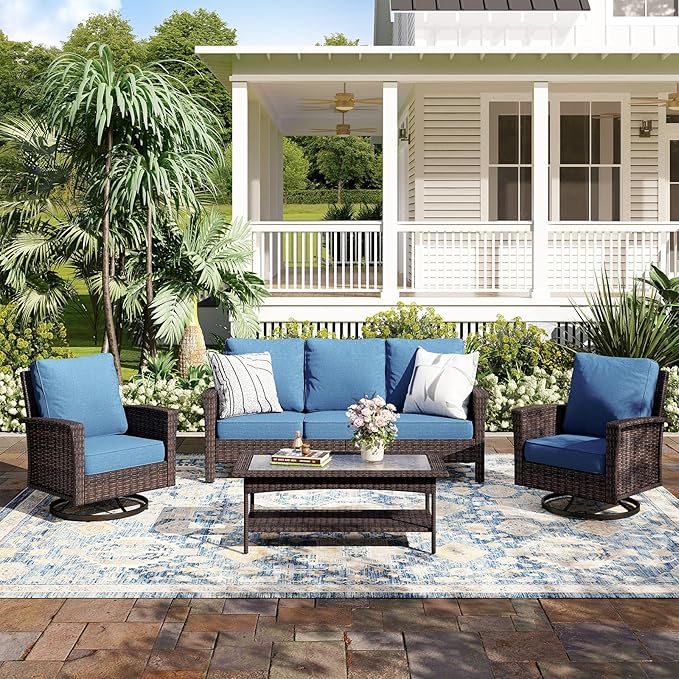 4-Piece Wicker Patio Furniture Set with Swivel Chairs, High Back Outdoor Sofa with 5.5-inch Thick Cushion, All-Weather Wicker Patio Conversation Set for Deck Yard Pool, Navy Blue