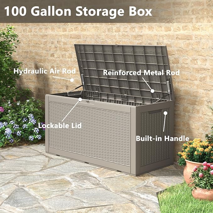NUNU LAB 100 Gallon Large Waterproof Resin Deck Box, Lockable Outdoor Storage Box with Gas Lift, Patio Cushions, Garden Tools, Pool Supplies, Indoor Outdoor Storage Container, Grey