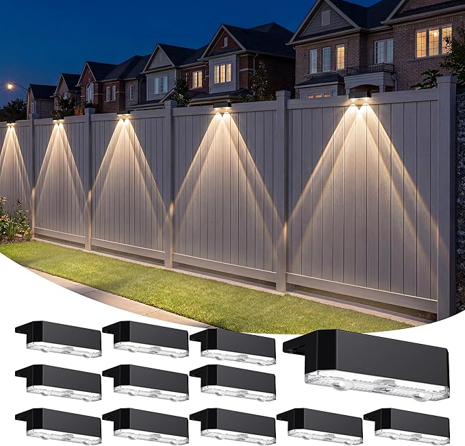 Peasur 12 Pack Solar Fence Lights Outdoor, Deck Light Solar Powered, Waterproof Led Riling Solar Lights for Outside Step Yard, Warm White