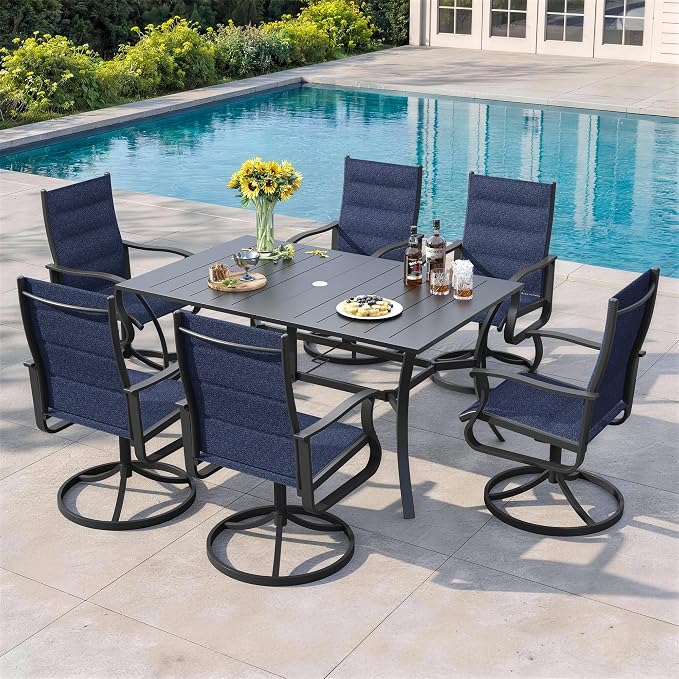 7 Pieces Patio Dining Set, Padded Patio Outdoor Furniture Set of 6 Patio Swivel Dining Chairs and Patio Spliced Rectangular Tabletop with Umbrella Hole, for Deck, Backyard, Poolside & Garden