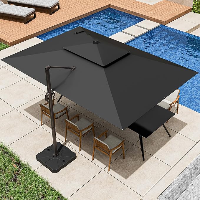 9x12FT Cantilever Patio Umbrella - Heavy Duty Double Layer Offset Design with 360° Rotation, Large Rectangle Sun Shade Umbrella for Garden, Deck, Pool, Backyard, Black