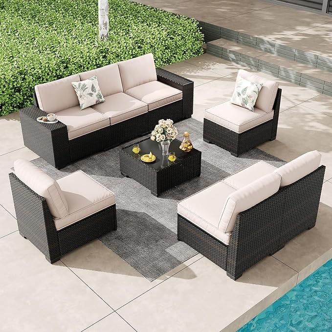 Patio Furniture Set, 8 Pieces Outdoor Couch Sofa with Wider Armrests & Glass Coffee Table, Outdoor Sectional Furniture with Thick Cushions for Party, Poolside,Garden-Beige