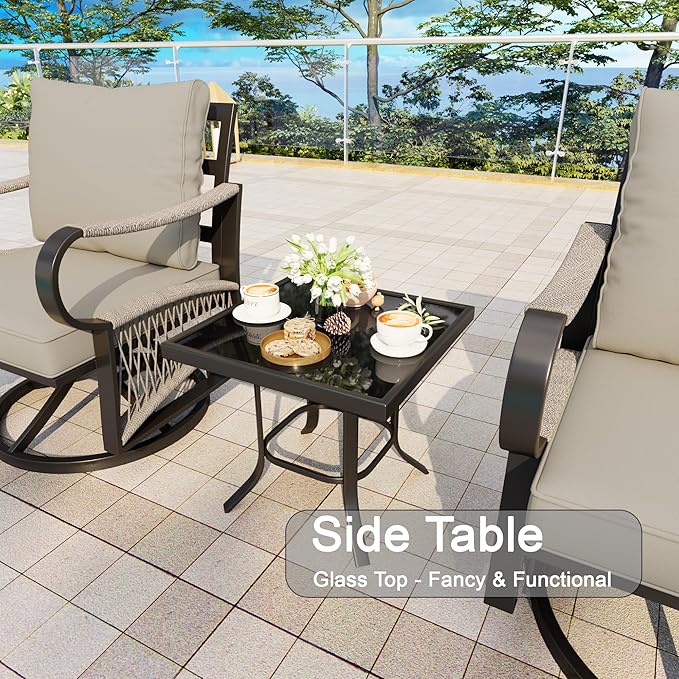 3 Pieces Outdoor Furniture Set, Metal 360° Swivel Rocking Chairs Bistro Sets, Patio Conversation Set with Side Table for Deck, Porch, Garden, Backyard, Poolside (Beige Cushions)