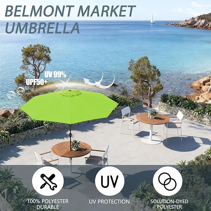 9FT Large Outdoor Patio Umbrella Pool Market Umbrella-UV Resistant, Easy Push Button Tilt and Crank, 8 Sturdy Ribs Heavy-Duty Table Umbrella for Deck, Backyard, Garden (Lime)