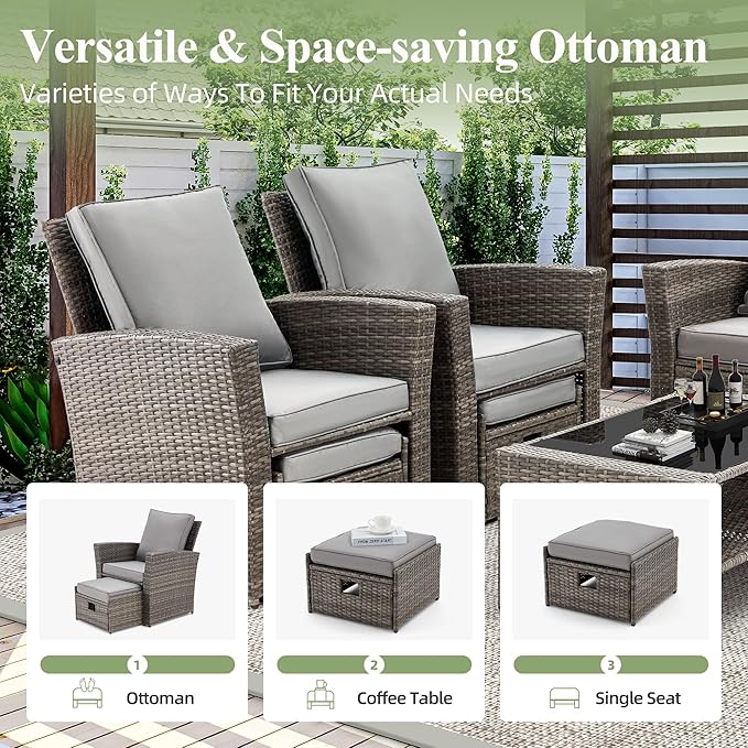 HOMREST 6 Piece Patio Conversation Set, Outdoor Sectional Conversation Rattan Sofa Set with Ottoman and Outdoor Storage Table for Garden, Porch, Backyard (Grey)