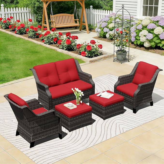 Outdoor Patio Furniture Set, 5 Piece Wicker Patio Furniture with Thick Cushions, Curved Armrest, Deep Seating, Rattan Outdoor Chairs for Porch, Deck, Balcony