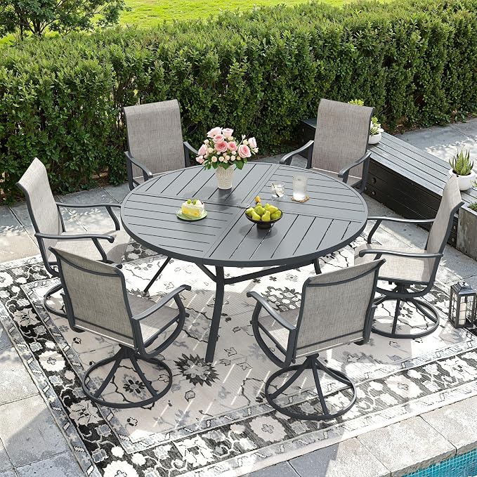 DIFY Patio Table and Chairs Set for 6, 7 Piece Outdoor Dining Set Includes 50" Round Metal Dining Table with Umbrella Hole and 6 Textilene Swivel Patio Chairs, for Garden Backyard Deck, Grey