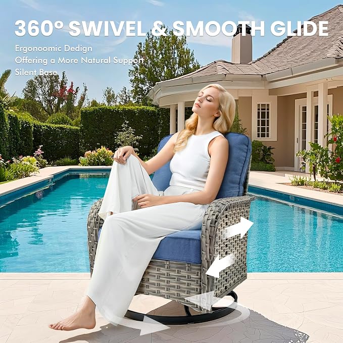 8 Pcs Patio Outdoor Furniture Set - All Weather Wicker Outdoor Sectional Sofa Couch with Swivel Rocking Chairs and Coffee Table,Patio Modular Rattan Conversation Set for Garden Deck Yard,Denim Blue