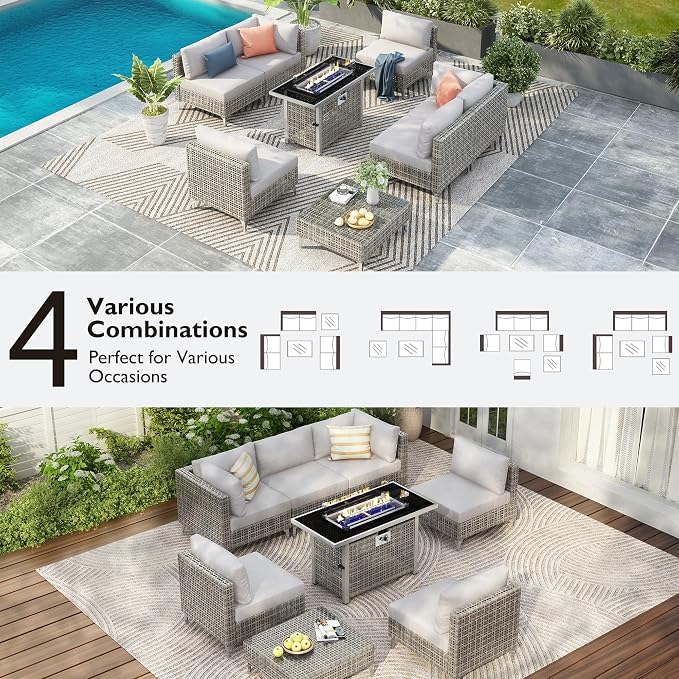 Patio 8-piece Patio Furniture Set with 43" Fire Pit Table, Outdoor Conversation Set & 60,000 Btu 43 Inch Rectangle Propane Fire Pit with Water Resistant Grey Thick Cushions, Grey