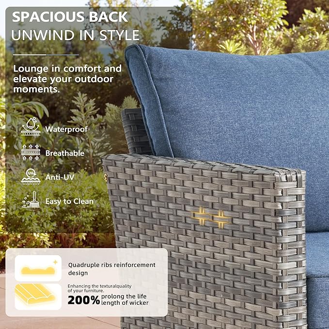 Patio Furniture, All Weather Wicker 6 PCS Outdoor Sofa with High Back Swivel Rocker Chairs, Conversation Set with Solar Light Coffee Table,Light Rattan Blue Cushion