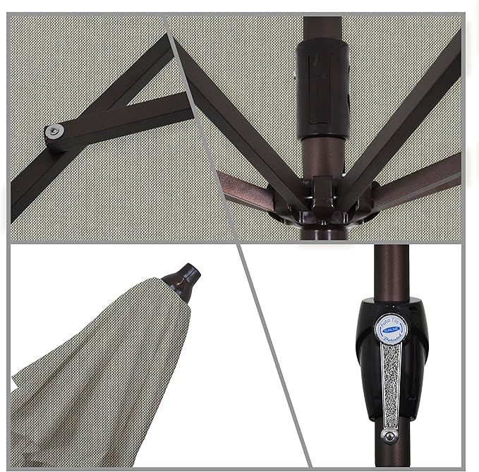 California Umbrella 7.5' Round Sunbrella Aluminum Outdoor Deck, Pool or Patio Umbrella, Crank Lift, Auto Tilt, Bronze Pole, Dove