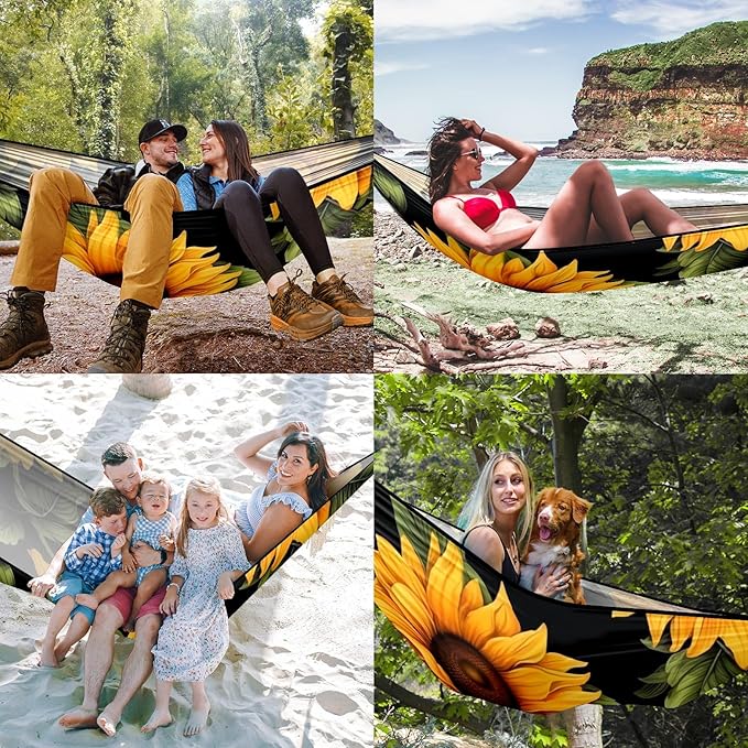 Hammock Double & Single Portable Hammocks with Storage Bag Travel Camping Beach Hiking Backpacking Patio Backyard-Indoor Outdoor Gear Sunflower (2)