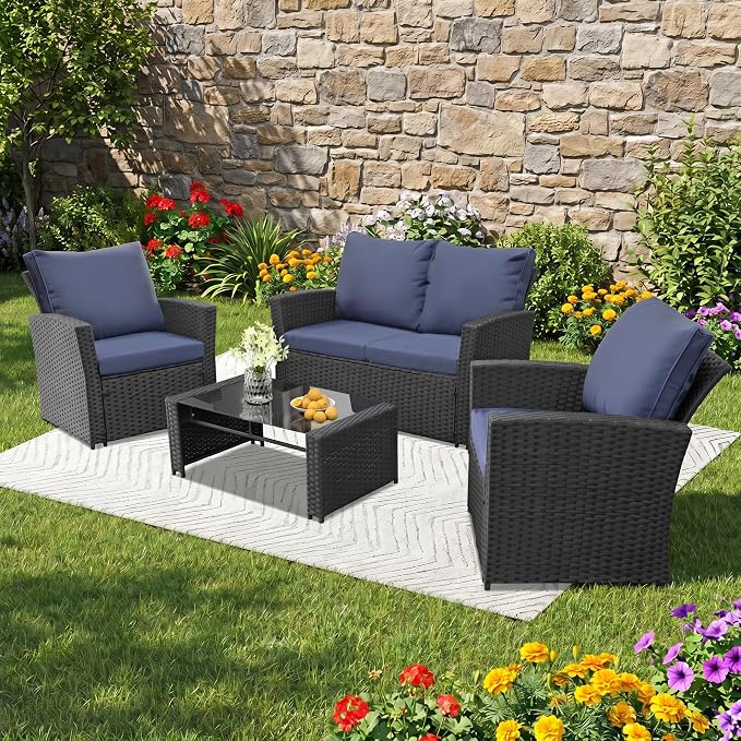 FHFO 4 Piece Outdoor Wicker Patio Furniture Set, Black/Blue | Sectional Sofa | All-Weather Hand-Woven Rattan | Tempered Glass Coffee Table | Durable Fabric | Indoor & Outdoor Use