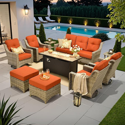10 PCS Outdoor Patio Furniture Sets,Patio Conversation Sets Outside Rattan Soft Cushion Sofa with 4 Wicker Rocking Chairs&54 in Fire Pit Table Fit Backyard Garden Poolside Balcony,Coarse Stripes Red