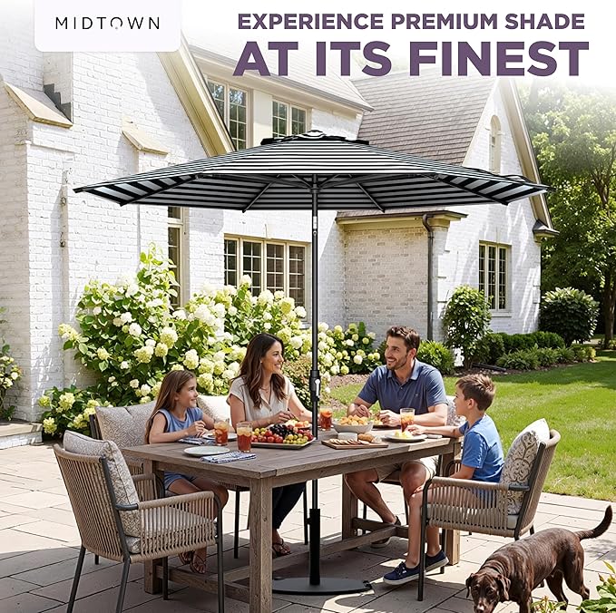 The Swilt 8 Feet Outdoor Umbrella With Terylast Zebra (Black/White Stripes) Polyester Fabric - Fiberglass Ribs, Auto-Tilt And Swivel Aluminum Frame Patio Umbrella For Deck, Garden, Pool - Black Pole