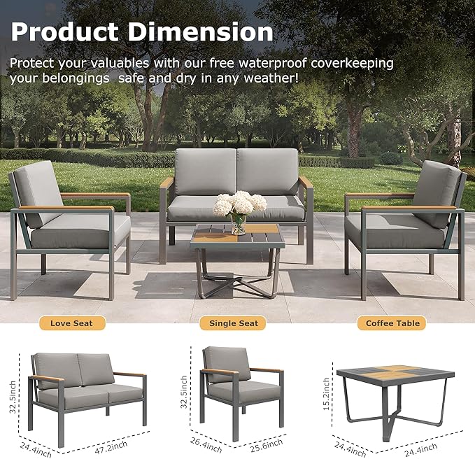 5-Piece Patio Furniture Set with 28” Propane Fire Pit Table, Heavy-Duty Metal Outdoor Conversation Set with Deep Cushions & Wood-Like Armrests for Patio, Porch, Backyard, Garden – Grey