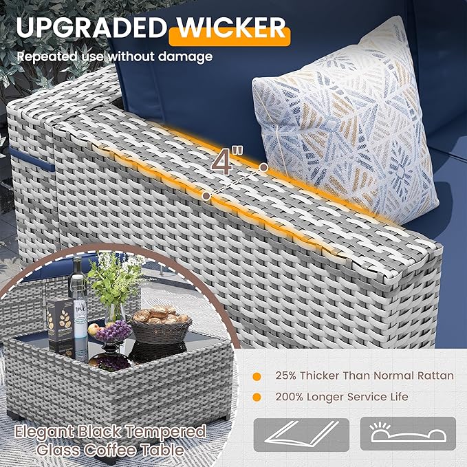 UDPATIO Patio Furniture Set with Fire Pit Table, 8 Pieces Outdoor Sectional Sofa, PE Wicker Patio Conversation Set for Garden, Backyard (Blue Cushions with Grey Rattan)