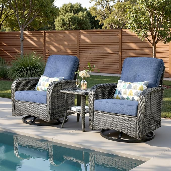 3-Piece Patio Furniture Set, Outdoor Wicker Furniture with Coffee Table, High Back Swivel Rocker Patio Chairs, Modern Rattan Outdoor Chairs Conversation Set for Porch, Balcony, Garden, Denim Blue