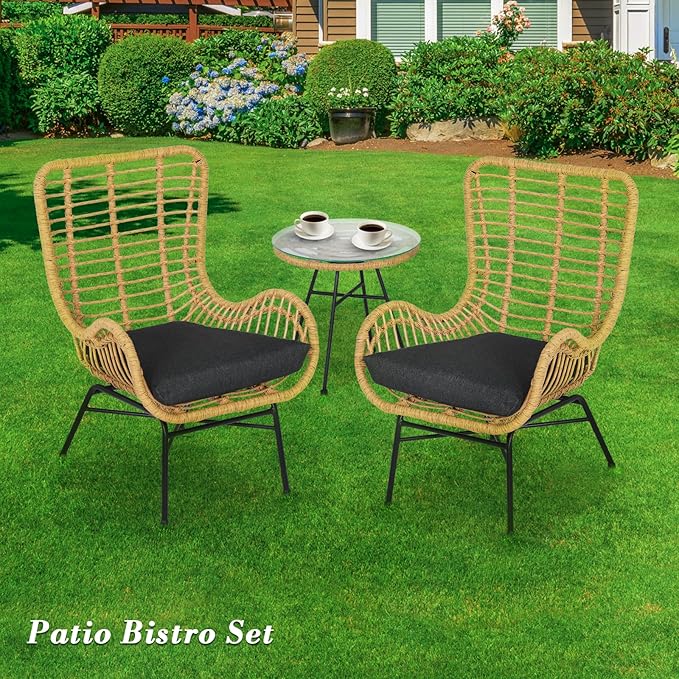 Athena Collection Patio Bistro Sets, 3 Piece All Weather Furniture Set Outdoor Conversation Set Glass Table and Rattan Chairs Set with Soft Cushions for Garden, Poolside, Backyard, Black