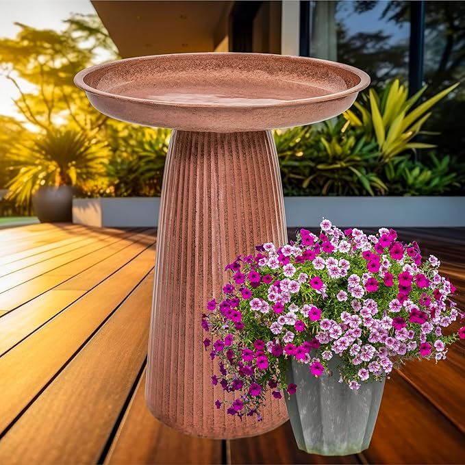 Sunnydaze Gleeful Garden 23" Iron Pedestal Bird Bath for Outside - Modern Shallow Basin Birdbath for Outdoors with UV-Protected Rust-Resistant Finish for Patio, Garden, Yard Decor - Canyon Clay Glaze