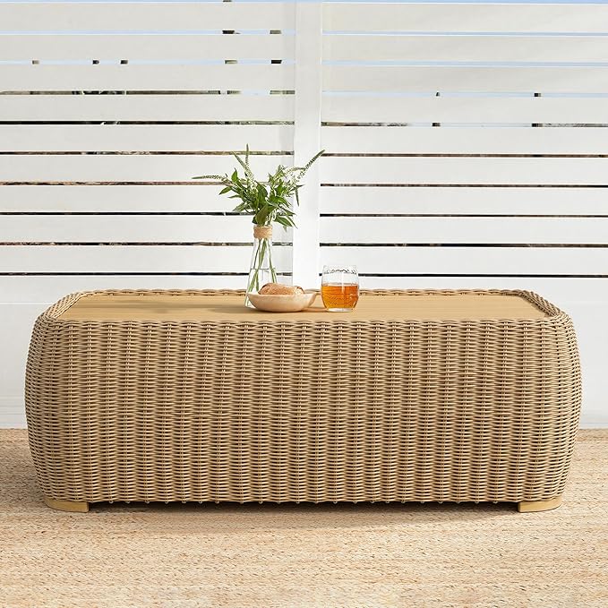 CHITA Wicker Patio Coffee Table, 41” All-Weather Rattan Outdoor Coffee Table with Wood-Grain Metal Top, Waterproof for Porch Backyard, Fully Assembled, Light Brown