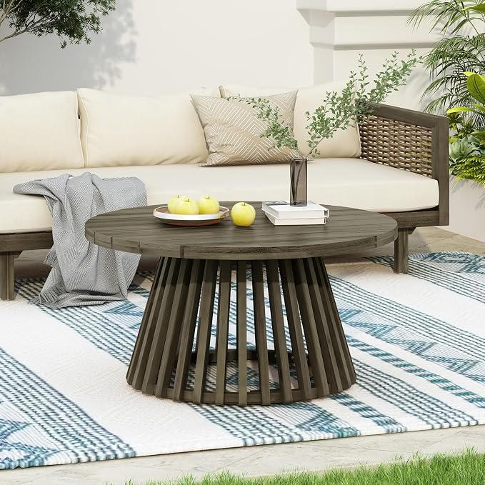 Wood Outdoor Round Coffee Table, Weather-Resistant Patio Table with Striped Base, for Garden, Deck, and Backyard, Grey