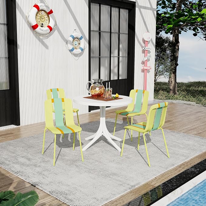 LUMISOL 5 Piece Outdoor Dining Table Set, All Weather Round Table and Chairs Set with Striped Color Block Chairs and Sturdy Metal Legs for Garden, Backyard, Poolside, Yellow+Green+Orange