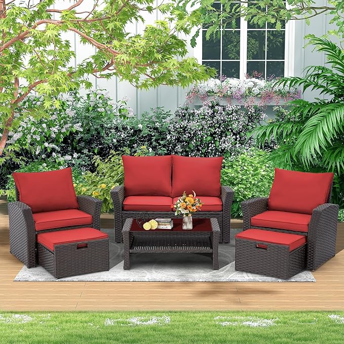 HOMREST 6 Piece Patio Conversation Set, Outdoor Sectional Conversation Rattan Sofa Set with Ottoman and Outdoor Storage Table for Garden, Porch, Backyard (Burgundy)