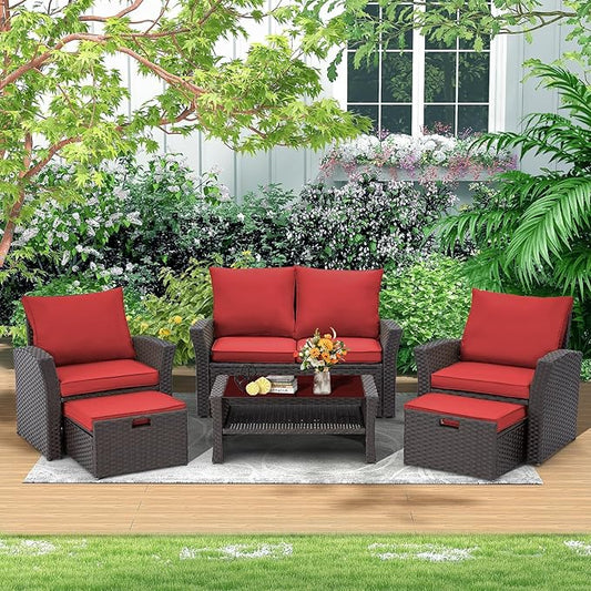 HOMREST 6 Piece Patio Conversation Set, Outdoor Sectional Conversation Rattan Sofa Set with Ottoman and Outdoor Storage Table for Garden, Porch, Backyard (Burgundy)