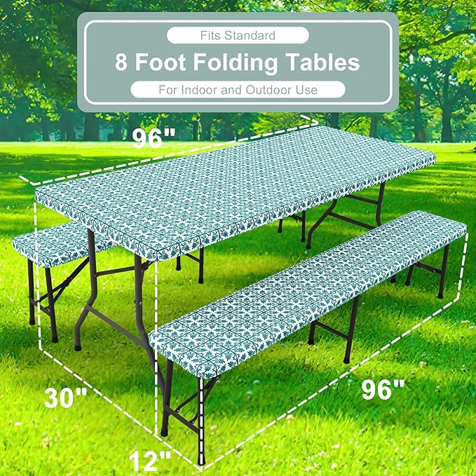 misaya Picnic Table Cover with Bench Cover, Waterproof Elastic Fitted Tablecloth for 5 Foot Tables, Rectangle Washable Polyester Tablecloths for Picnic, Camping, Outdoor (Turquoise, 30" x 60")