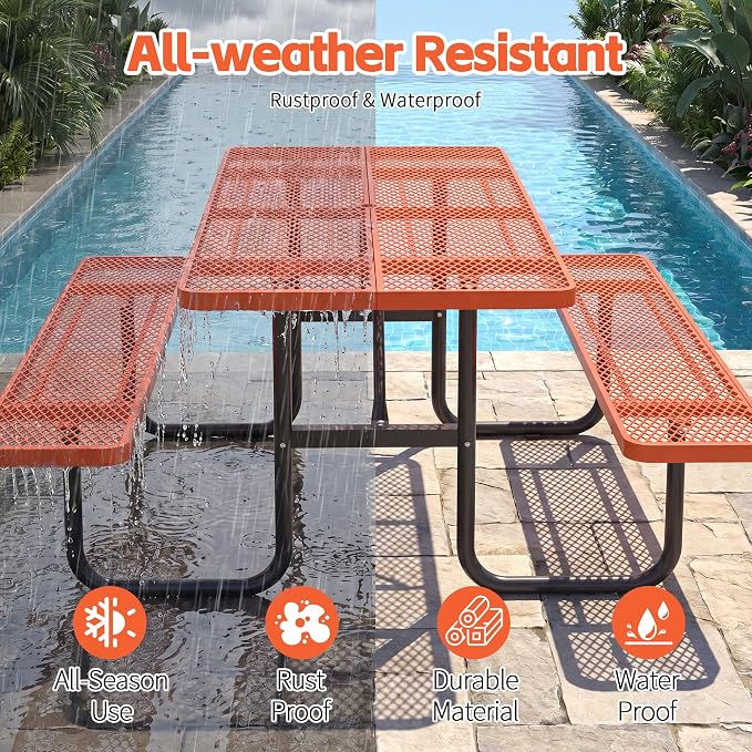 72" Outdoor Rectangular Picnic Table with Umbrella Hole, Heavy Duty Commercial Grade Steel Camping Table for Backyard Patio Deck, Weather-Resistant Orange Metal Mesh