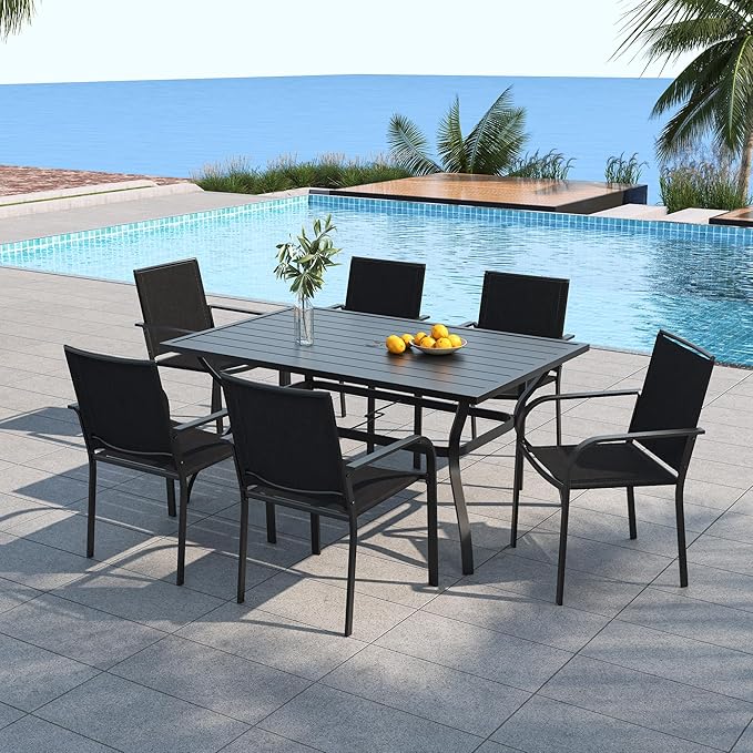 Anmutig 7 Piece Patio Dining Set, 60"X38" Rectangular Outdoor Table with 6 Mesh Stackable Black Chairs, All Weather