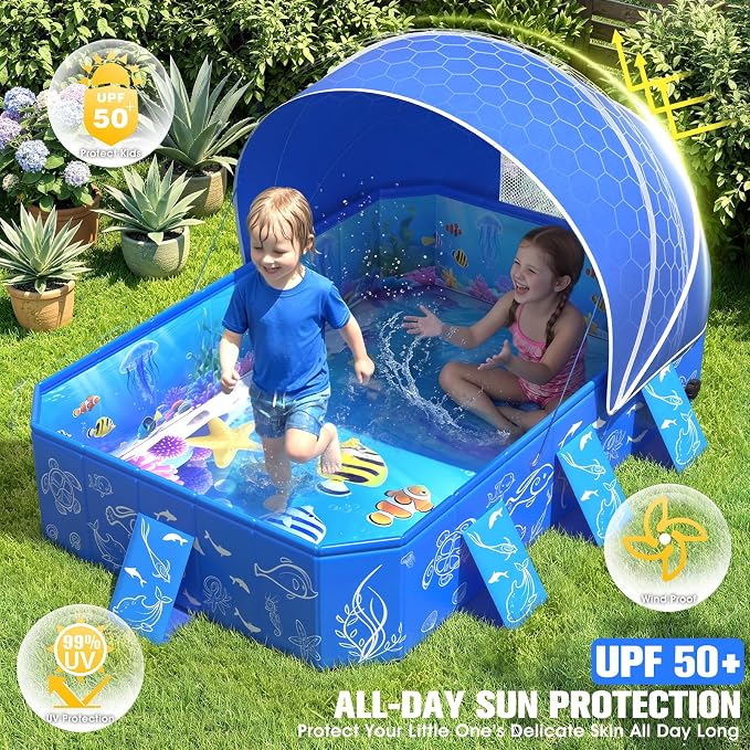 FizZeal Kiddie Pool with Canopy,Baby Swimming Pool for Toddler,Non-Inflatable Portable Pool for Kid,Foldable Toddler Pool with Shade,Kids Pool for Backyard.Outdoor Pop Up Kiddie Beach Pool 51"x38"x31'