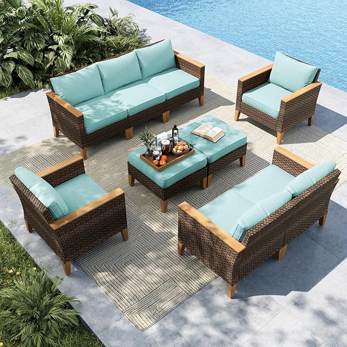 MFSTUDIO 9 Piece Wicker Patio Furniture Set, 2 x Single Chair, 2 x Ottoman, Loveseat Sofa, 3-Seat Sofa, All-Weather Outdoor PE Rattan Patio Conversation Set for Garden, Backyard(Aqua Blue Cushions)