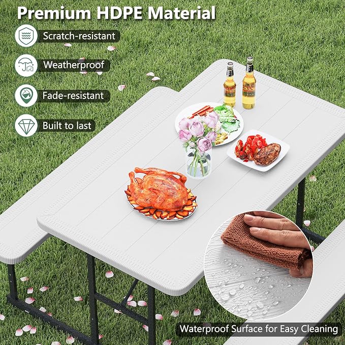 Picnic Table Set for 2-4 People, Umbrella Hole, Heavy-Duty Metal Frame & 2 Benches, HDPE Rectangular Outdoor Dinning Table & Benches for Outside, Patio, Garden, Backyard, Porch (White)