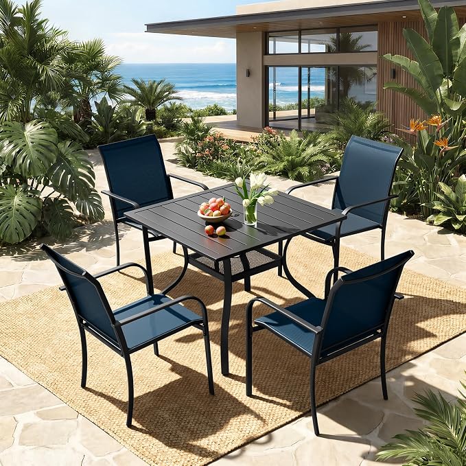 5-Piece Patio Dining Set,4 Person Outdoor Table and Chairs Set, 4 Metal Dining Chairs and Square Outdoor Table with 1.57" Umbrella Hole,Blue