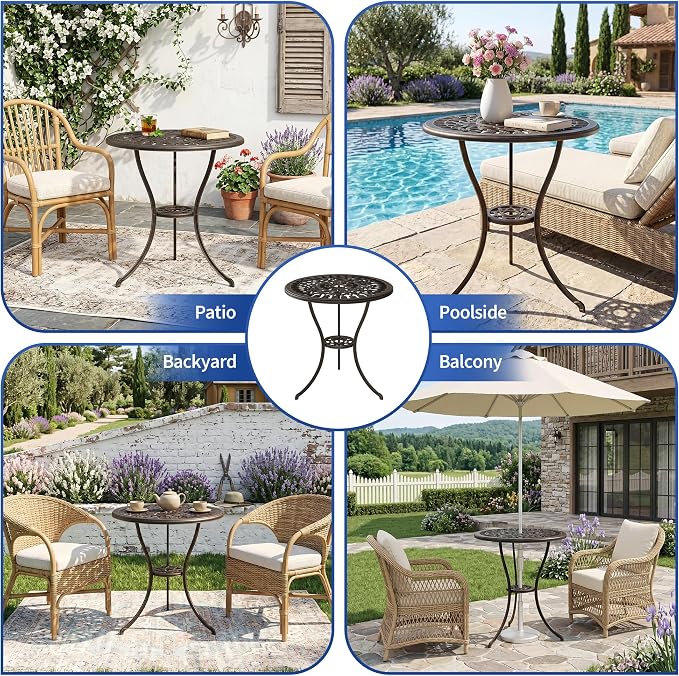 GAOMON 23" Cast Aluminum Patio Bistro Table with Umbrella Hole, Outdoor Round Coffee Bistro Side Table, Anti-Rust Outdoor Furniture for Backyard, Garden, Porch, Pool, Balcony, Bronze