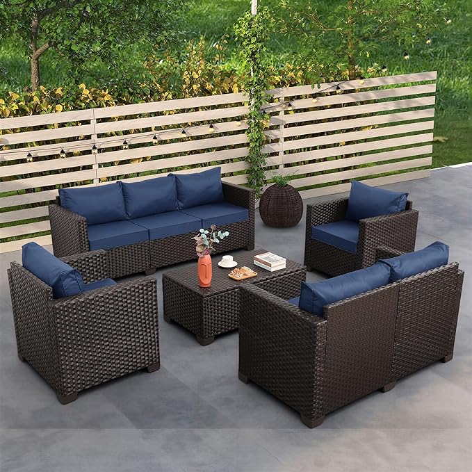 Rattaner Patio Furniture Set 5 Pieces Outdoor Furniture Set Outdoor Couch Coffee Table with Storage No-Slip Cushions and Waterproof Covers, Navy Blue
