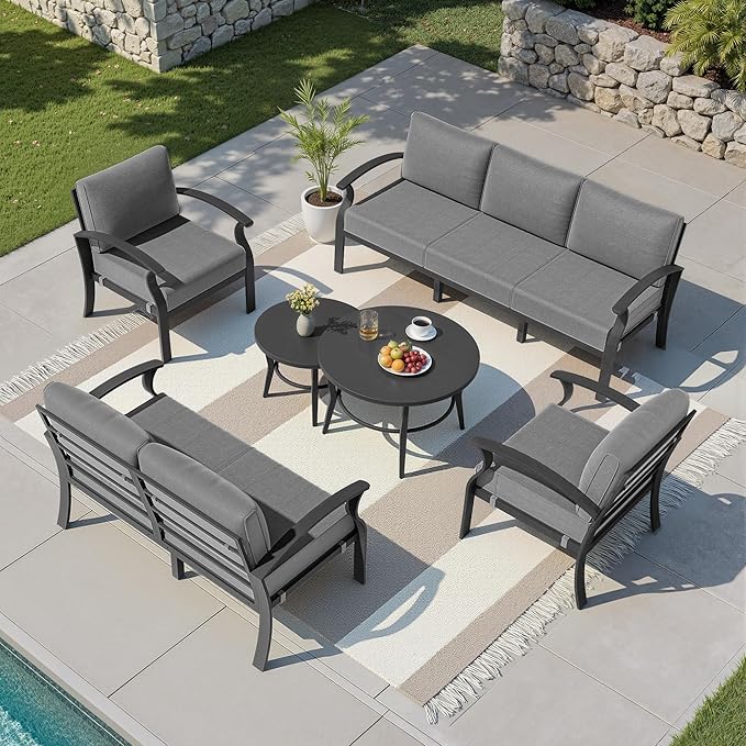 Kullavik Aluminum Patio Furniture Set with 2 Round Coffee Tables,7-seat Metal Outdoor Sectional Furniture w/5.1" Cushions,Patio Conversation Sets for Garden,Backyard,Porch-Grey