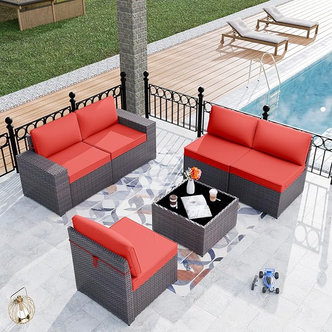 Patio Furniture Set Sofa 6-Pieces Wicker Sectional Sofa Set, Outdoor Furniture Rattan Patio Conversation Set with Thickened Cushion and Glass Coffee Table, Red