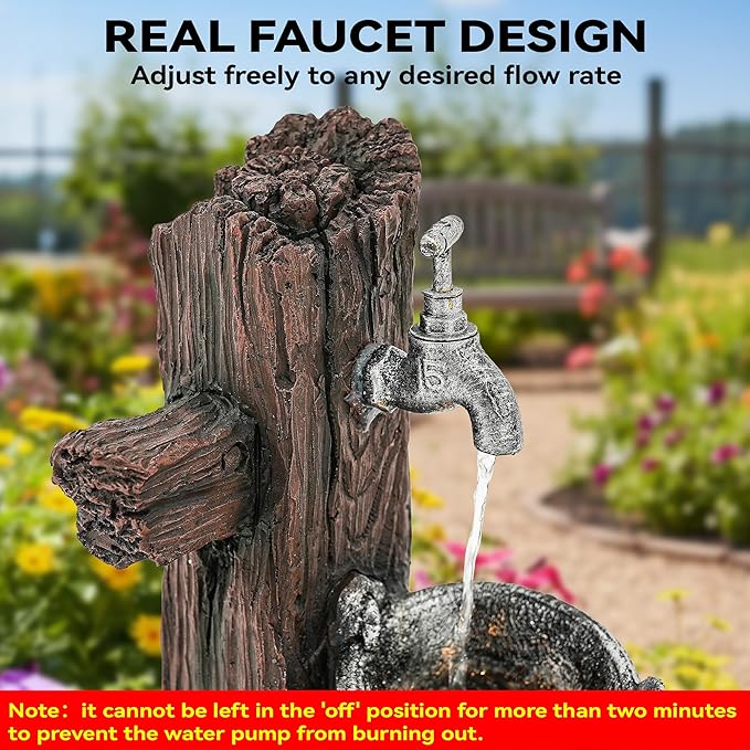 24.5" Puppy & Green Bird Outdoor Fountain, 3-Tier Pastoral Water Feature with LED Lights, Resin Buckets & Wooden Barrel Soothing Cascading Waterfall for Patio, Backyard, Garden