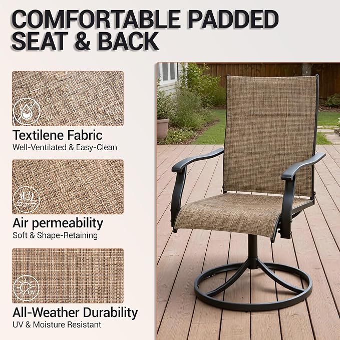 Patio Swivel Rocker Chairs Set of 4,Outdoor Dining Chairs High Back,15° Gentle Rocking Patio Chair with Padded Textilene, Metal Frame for Poolside Lawn Garden,Brown(4 PCS)